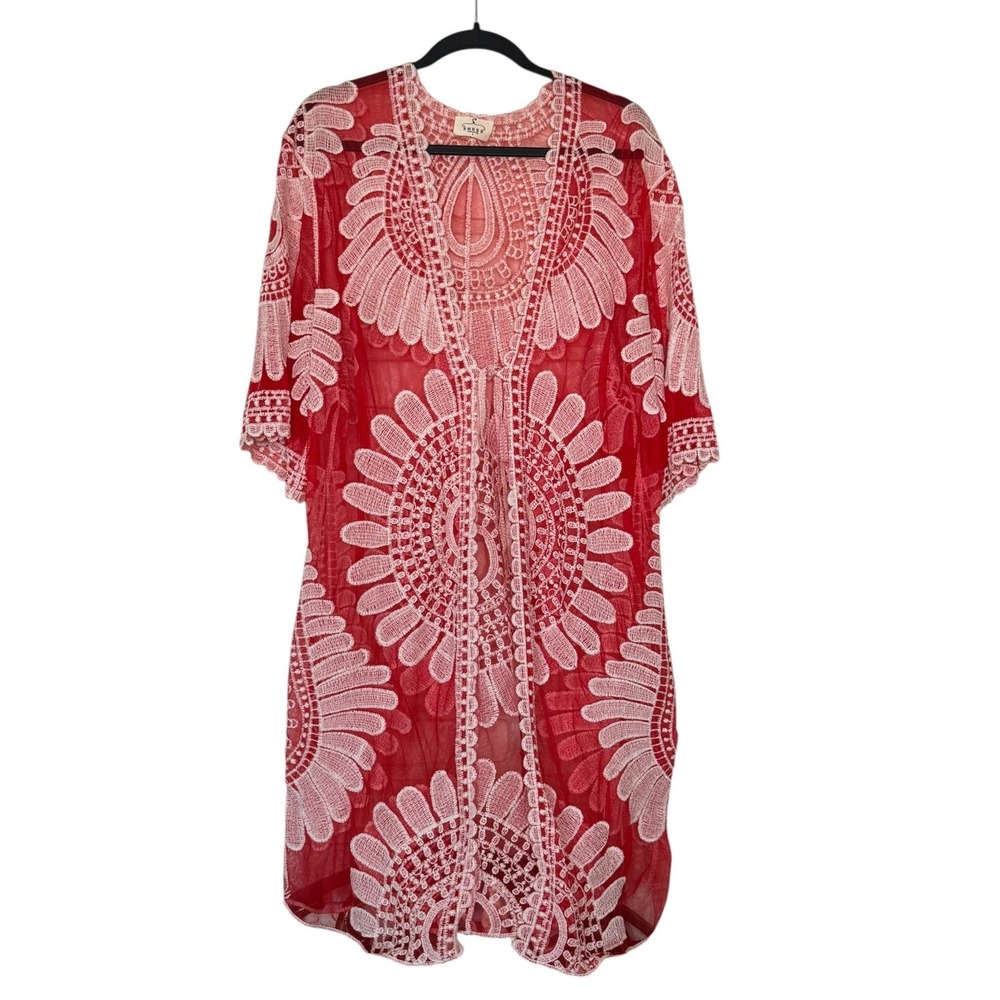 Ember Red White Floral Lace Kimono Cardigan Sheer Embroidered Duster Large
